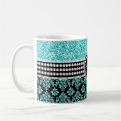Girly Monogramm-Aqua-blauer Glitzer-Damast-Name Kaffeetasse (Links)