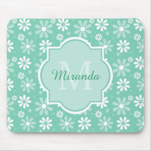 Girly Monogramm-Minzen-weißes Gänseblümchen-Blumen Mousepad