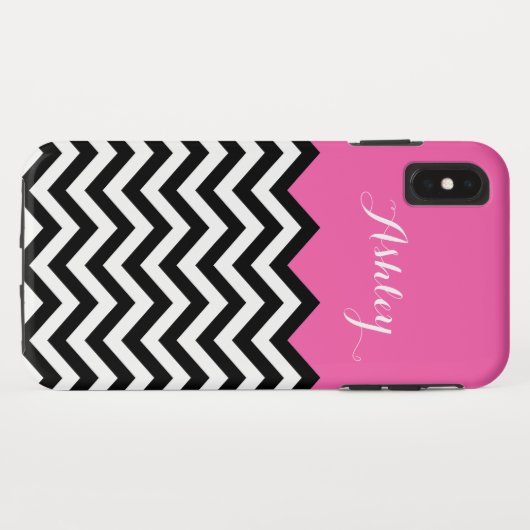 Girly Monogramm-Name - modernes rosa Zickzack Case-Mate iPhone Hülle (Rückseite (Horizontal))