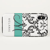 Girly Monogramm-Namen-Türkis-Schwarz-weißer Damast Case-Mate iPhone Hülle (Rückseite (Horizontal))