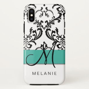 Girly Monogramm-Namen-Türkis-Schwarz-weißer Damast Case-Mate iPhone Hülle