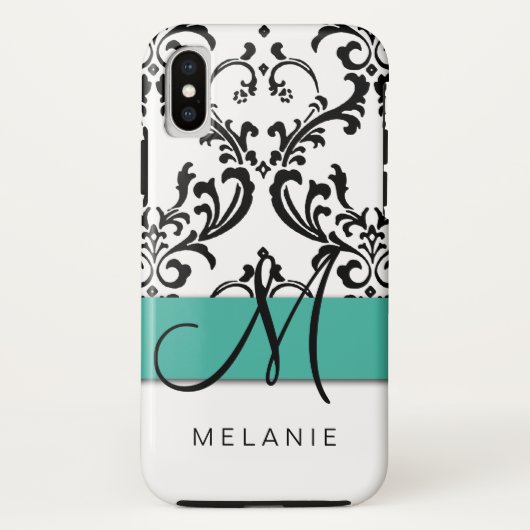 Girly Monogramm-Namen-Türkis-Schwarz-weißer Damast Case-Mate iPhone Hülle (Rückseite)