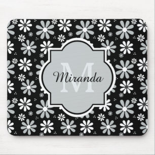 Girly Monogramm-Schwarz-weiße Gänseblümchen-Blu Mousepad