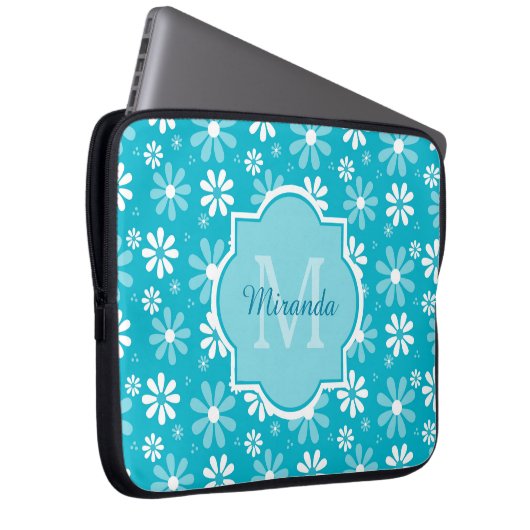 Girly Monogramm-Türkis-Gänseblümchen-Blumen mit Laptopschutzhülle (Vorne Rechts)