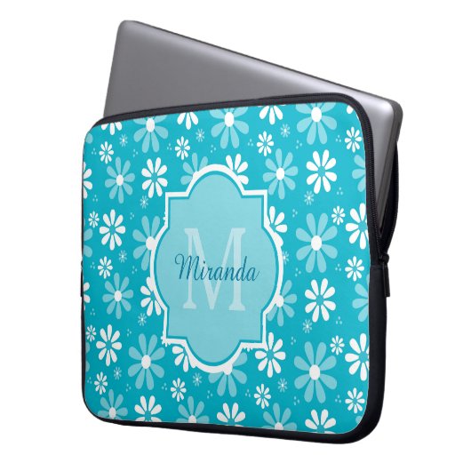 Girly Monogramm-Türkis-Gänseblümchen-Blumen mit Laptopschutzhülle (Vorderseite Links)