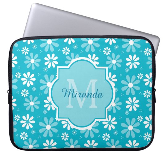 Girly Monogramm-Türkis-Gänseblümchen-Blumen mit Laptopschutzhülle (Vorderseite)