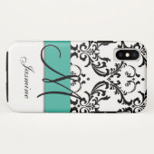 Girly Monogramm-Türkis-Schwarz-Wirbels-Damast Case-Mate iPhone Hülle (Rückseite (Horizontal))
