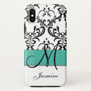 Girly Monogramm-Türkis-Schwarz-Wirbels-Damast Case-Mate iPhone Hülle