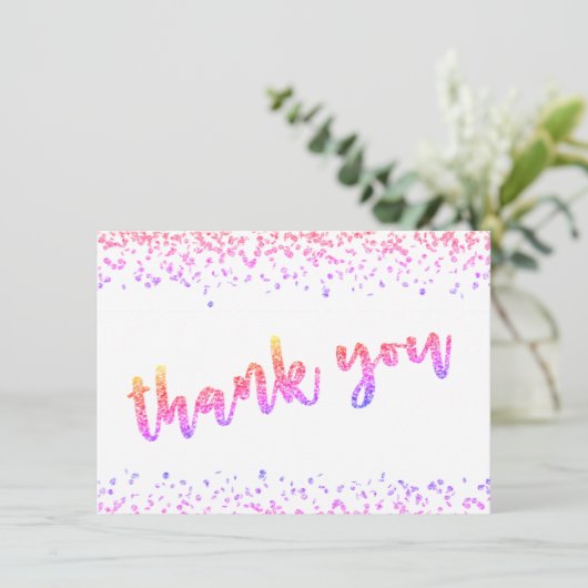 Girly Multi Color Glitzer Confetti Pinselschrift Dankeskarte (Stehend Vorderseite)