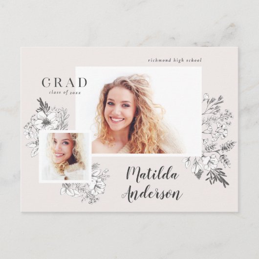 Girly Multi-Foto Blütenelegante Abschlussfeier Einladungspostkarte (Vorderseite)