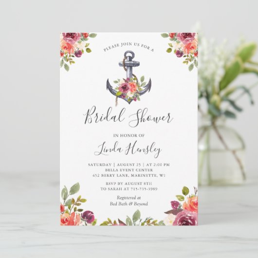 Girly Nautical Anchor Floral Brautparty Einladung (Stehend Vorderseite)