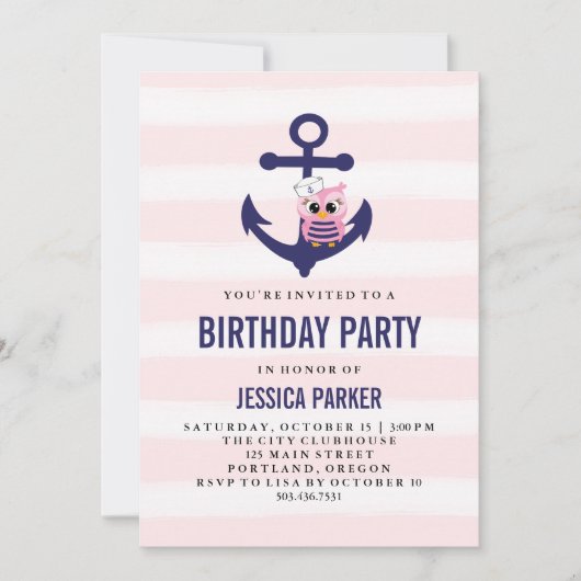 Girly Nautical Anchor mit Owl and Stripe Birthday Einladung (Vorderseite)