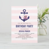 Girly Nautical Anchor mit Owl and Stripe Birthday Einladung (Stehend Vorderseite)