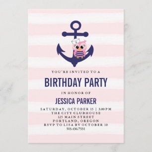 Girly Nautical Anchor mit Owl and Stripe Birthday Einladung