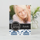 GIRLY NAVUE BLUE DAMASK GRADUAT PARTY EINLADUNG (Stehend Vorderseite)