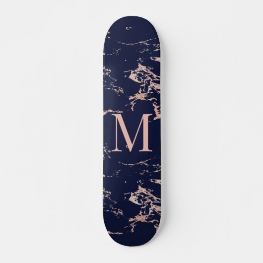 Girly Navy Blauer Marmor Rose Gold Foil Monogram Skateboard (Vorne)