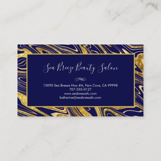 Girly Navy Blue Gold Marmor Glitzer Glam Monogramm Visitenkarte (Rückseite)