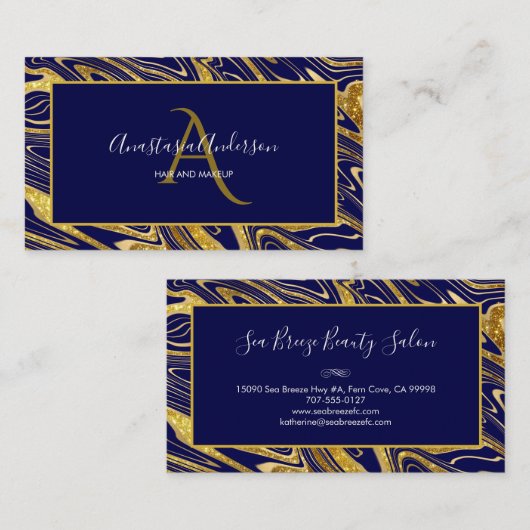 Girly Navy Blue Gold Marmor Glitzer Glam Monogramm Visitenkarte (Vorne/Hinten)
