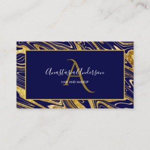 Girly Navy Blue Gold Marmor Glitzer Glam Monogramm Visitenkarte