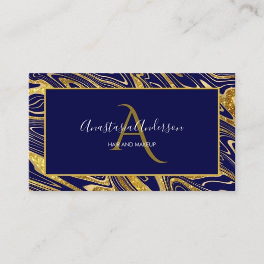 Girly Navy Blue Gold Marmor Glitzer Glam Monogramm Visitenkarte (Vorderseite)