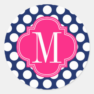Girly Navy & Pink Big Dots Mit Monogramm Runder Aufkleber