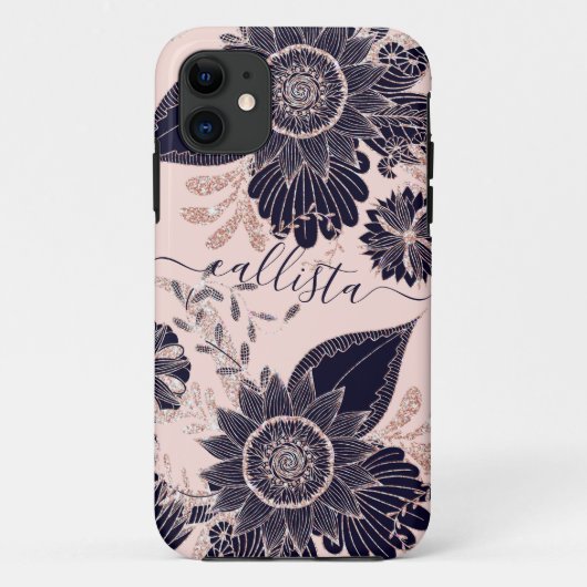 Girly Navy Rose Gold Glitter Floral Illustrations Case-Mate iPhone Hülle (Rückseite)