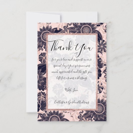Girly Navy Rose Gold Glitter Floral Illustrations Dankeskarte (Vorderseite)