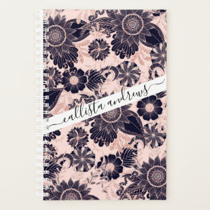 Girly Navy Rose Gold Glitter Floral Illustrations Planer
