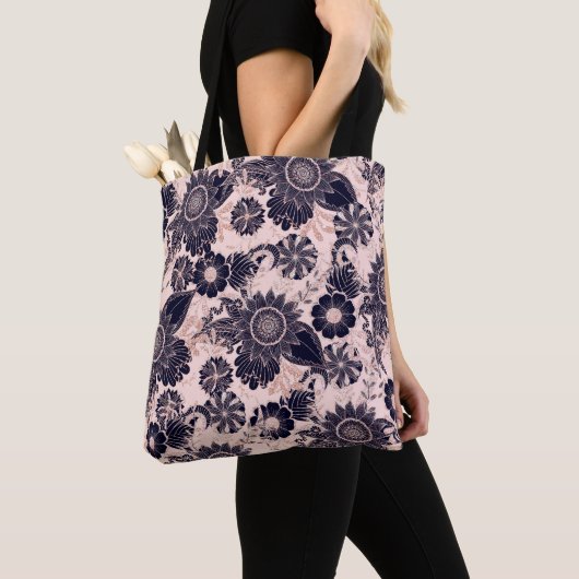 Girly Navy Rose Gold Glitter Floral Illustrations Tasche (Von Nahem)