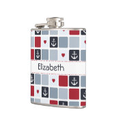 Girly Navy und Red Anchor Herzmuster mit Namen Flachmann (Links)