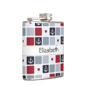 Girly Navy und Red Anchor Herzmuster mit Namen Flachmann (Rechts)