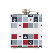 Girly Navy und Red Anchor Herzmuster mit Namen Flachmann (Rückseite)
