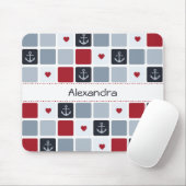 Girly Navy und Red Anchor Herzmuster mit Namen Mousepad (Mit Mouse)