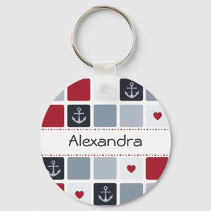 Girly Navy und Red Anchor Herzmuster mit Namen Schlüsselanhänger