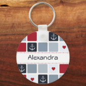Girly Navy und Red Anchor Herzmuster mit Namen Schlüsselanhänger (Vorderseite)