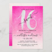 Girly Neon Pink White Glitzer Ombre Sweet 16 Einladung (Vorne/Hinten)
