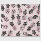 Girly Niedlich Floral Pink Schwarzer Ananas Muster Geschenkpapier (Flach)