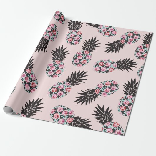 Girly Niedlich Floral Pink Schwarzer Ananas Muster Geschenkpapier (Ungerollt)