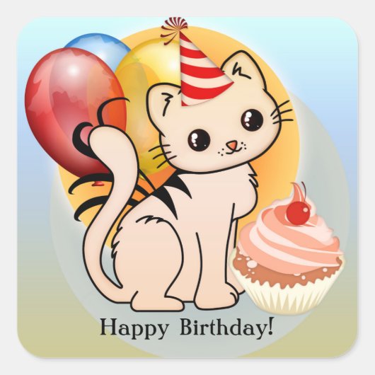 Girly Niedlich Kitty Happy Geburtstagskleber Quadratischer Aufkleber (Vorderseite)