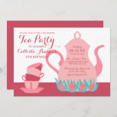 Girly Niedlich Pink Aquamarin Floral Tee Party Geb Einladung (Vorne/Hinten)