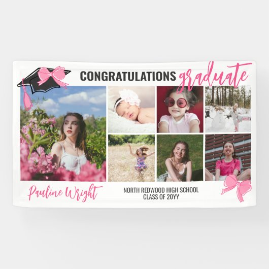 Girly Niedlich Pink Bows 7 Fotos Glückwunsch Gradu Banner (Horizontal)
