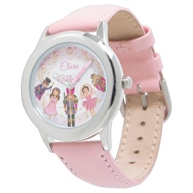 Girly Nutcracker Ballerina Blush Pink Gold Floral Armbanduhr (Schrägansicht)
