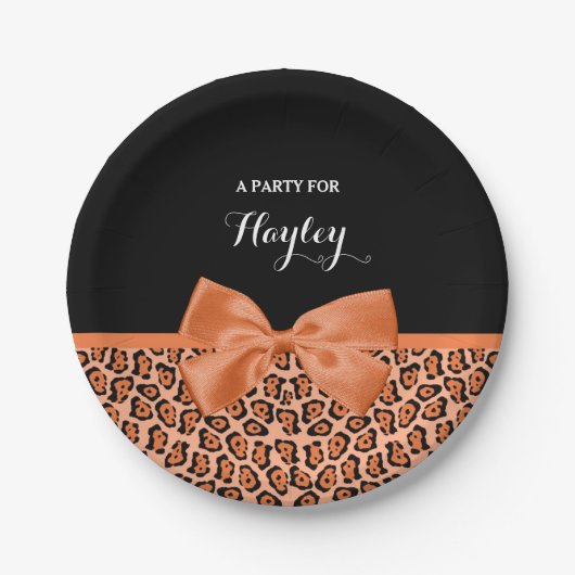 Girly Orange Black Jaguar Niedliche Ribbon mit Nam Pappteller (Vorderseite)