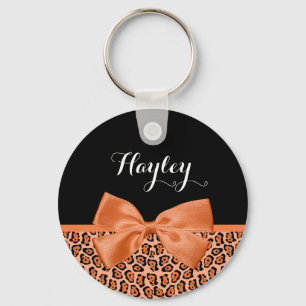 Girly Orange Black Jaguar Niedliche Ribbon mit Nam Schlüsselanhänger