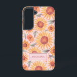Girly Orange Bloral Rosa Botanisch Samsung Galaxy Hülle<br><div class="desc">Diese niedliche, mädchenhafte Telefonzelle eignet sich hervorragend für arbeitende Profis und Mädchen-Chefs, die hübsche moderne Aquarellblumen Liebe geben. Die Blume sind mit trendigen, handbemalten, gelben Sonnenblumen und schlanke, grüne Blätter mit einem rot-rosa Hintergrund gestaltet. Einfach mit Ihrem eigenen Namen anpassen. Die Text- und Hintergrundfarbe kann mit dem Editor an jede...</div>