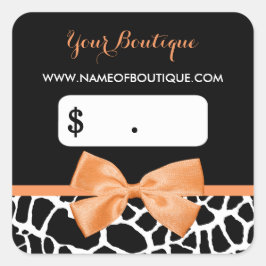 Girly Orange Bow Giraffe Print Boutique Price Tags Quadratischer Aufkleber
