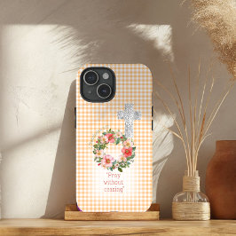 Girly  Orange Check Rose Wreath Cross Bible Case-Mate iPhone Hülle