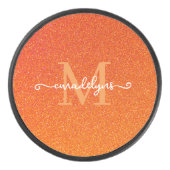 Girly Orange Glitter Sparkles Monogram Script Name Eishockey Puck (Vorderseite)