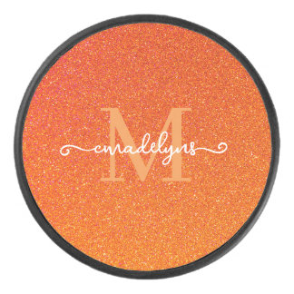 Girly Orange Glitter Sparkles Monogram Script Name Eishockey Puck