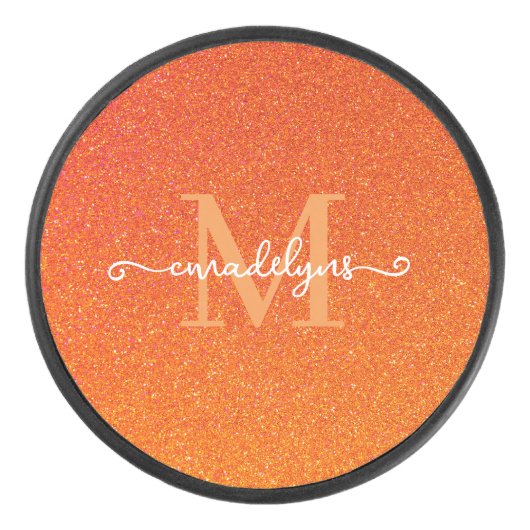 Girly Orange Glitter Sparkles Monogram Script Name Eishockey Puck (Vorderseite)
